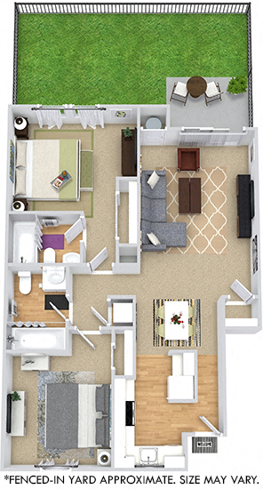 Floor plan for 2 beds, 2 baths, 904 sqft